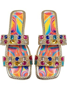 🆕Women's Gold 1 Rhinestone Rainbow Flat Sandals Sparkly Bling Slides Glitter